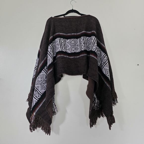 Vintage Virgin Wool Blanket Poncho OS Western Aztec Fringe Boho Brown Shawl Wrap - Picture 6 of 8